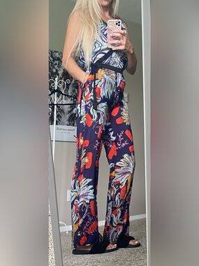 Floral Wide-Leg Jumpsuit in Navy and Red